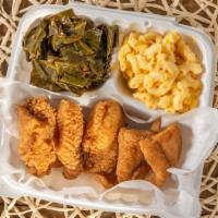 Catfish Dinner Plate · Enjoy two nice filets seasoned and fried with your choice of two side dishes.