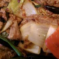Sauteed Spicy Beef · Spicy. Sliced beef with green peppers and onions, sauteed with hot spicy Szechuan sauce. Hot...