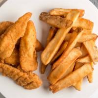 Chicken Fingers & Chips · Four deep-fried chicken strips served with choice of fries or salad.