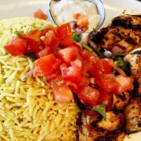 Shish Tawook · (GF) Grilled boneless & skinless chicken breast Kabob with tomatoes, onions, parsley, Tzatzi...