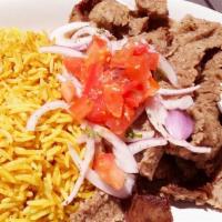 Gyro Plate · Gyro meat with tomatoes, onions, Tzatziki, your choice of rice & one side order (includes 1 ...