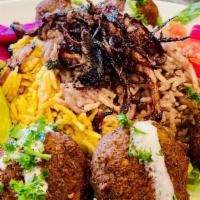 Lebanese Falafel Plate · (Vegan)(GF) Falafel, parsley, pickled turnips, tomatoes, pepperoncini, Tahini, your choice o...
