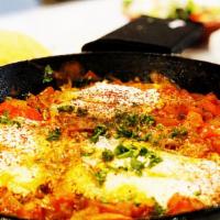 Shakshuka · (Vegetarian)(GF) Three eggs cooked with tomato, red bell pepper, onion, garlic, herbs, olive...