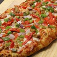 Roman Sausage & Peppers · Signature marinara, shredded mozzarella, Italian sausage, green and red peppers and red onio...