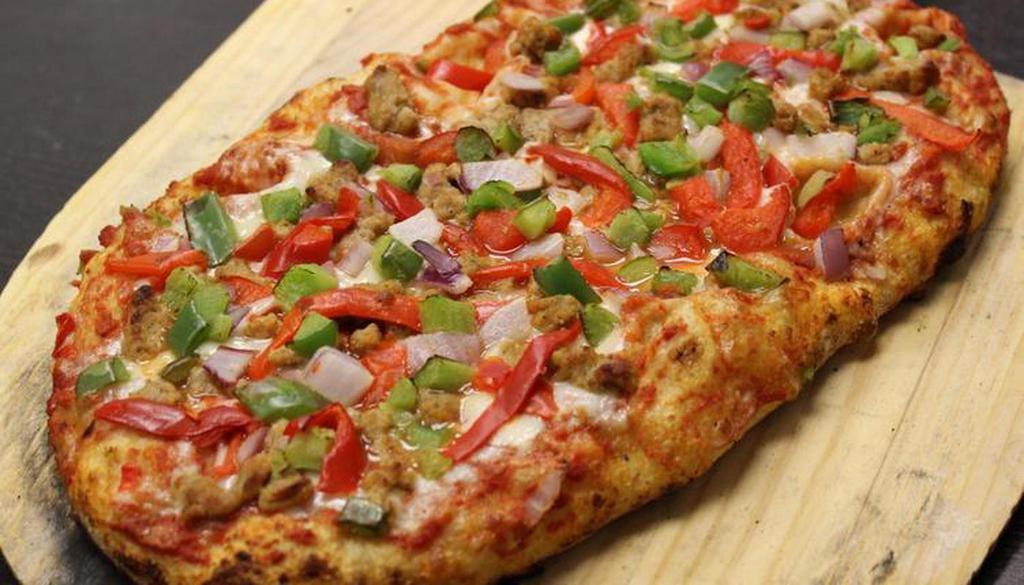 Roman Sausage & Peppers · Signature marinara, shredded mozzarella, Italian sausage, green and red peppers and red onions.