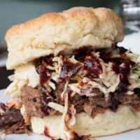 Brisket On A Biscuit · Served with Bbq sauce and coleslaw.