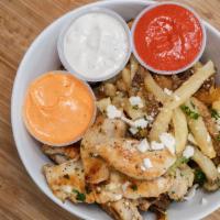 Gyro Fries Combo · Hand Cut Fries with Choice of Chicken or Lamb topped with Tzatziki, Feta, Parmesan Herbs, Ga...