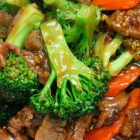 Beef With Broccoli 芥兰牛 · Beef tenderloin sautéed with fresh broccoli and water chestnuts in brown sauce.