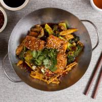 Kung Fu Hustle · Deep-fried crispy tofu is stir-fried with diced celery, broccoli, snow peas, white mushrooms...
