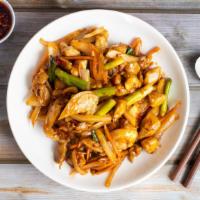 Kung Pao Monk · Chicken stir-fried with celery, broccoli, snow peas, white mushrooms, bamboo, carrots, water...