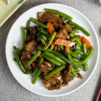 String Bean Legendary Masters · Stir-fried beef with string beans, carrots, and onions in a house made black bean sauce.