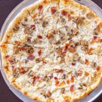 Chicken Bacon Ranch Pizza 12 Pizza · Grilled chicken breast, bacon, ranch, and mozzarella