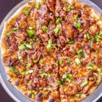 Spicy Bbq Chicken Pizza 12 Pizza · BBQ Sauce, crispy fried chicken, onions, jalapenos, and mozzarella.