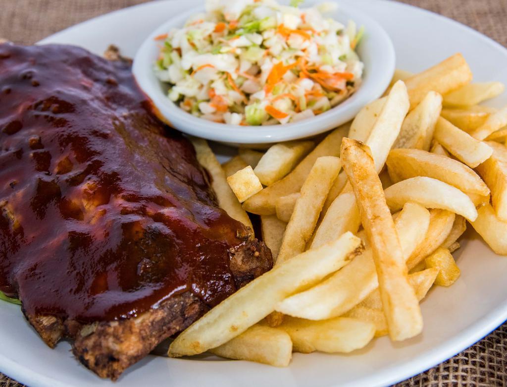 Bbq Baby Back Ribs · Smoked to perfection & served with slaw and baked potato or garlic mashed potatoes. Choose half or full rack.
