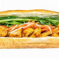 Non Gmo Tofu Banh Mi (V) · Vietnamese baguette w/house made garlic aoli,  pickled daikon & carrots, cucumber, cilantro,...