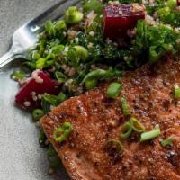 Sesame Steelhead Bowl · Sesame glazed Columbia River steelhead, spiced quinoa, roasted beets, chili marinated kale, ...