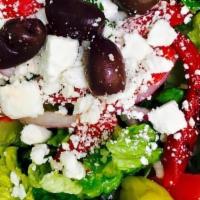 Zesty Greek · Romaine, tomato, cucumbers, onions, roasted red peppers, kalamata olives, feta, pepperoncini...