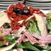 Italian Antipasto Salad · Mixed greens, ham, salami, kalamata olives, artichoke hearts, pepperoncini, roasted red pepp...