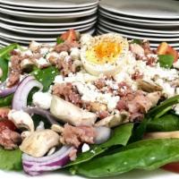 Spinach Salad · Fresh spinach, tomato, mushrooms, red onions, egg, feta, crisp bacon & balsamic vinaigrette.