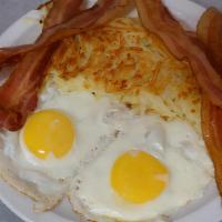 Bacon & Eggs · Served with four strips of our mouth watering hardwood smoked bacon.