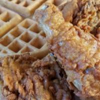 Chicken & Waffle · Belgian Waffle served with a 3 piece of crispy fired chicken.