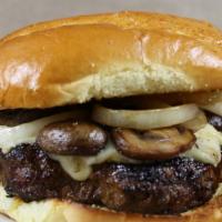 Garbage Burger · This burger served with sauteed onions and mushrooms, Swiss cheese, hardwood smoked bacon & ...
