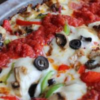 Supreme - 10” By 8” (4 Slices) · Pepperoni, Italian sausage, green and red bell peppers, red onion, mushrooms, and black oliv...
