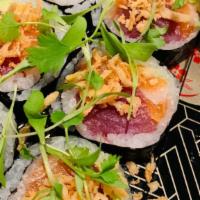 Sumo Roll · Tuna, salmon, avocado, asparagus, crispy shallots, house terriyaki.