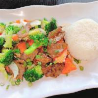 Beef Broccoli (Served With Jasmine Rice) · Stir-fried broccoli and carrot in special light brown sauce.