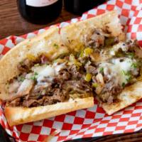 Steak Bomb Sub · Tender steak freshly grilled with cheese, mushrooms, onions, green bell. peppers, pepperonci...