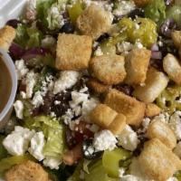 Greek Salad · Romaine lettuce, tomato, cucumbers, onion, feta cheese, kalamata olives, pepperoncini, crout...