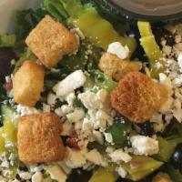 Greek Salad · Romaine lettuce, tomato, cucumbers, onion, feta cheese, kalamata olives, pepperoncini, crout...
