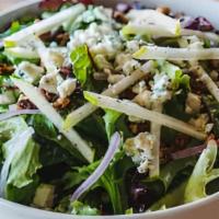 Family - Apple Pecan Salad · serves 4-6 ppl - mixed greens, blue cheese crumbles, red onion, candied pecans, granny smith...