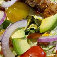 Family - Fried Chicken Cobb · serves 4-6 ppl - mixed greens, bacon, avocado, cheddar, tomato, red onion, black pepper ranc...