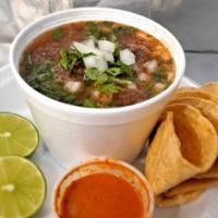 Consome · Our house specialty consome comes with onions, cilantro, BARBACOA MEAT , special adovo sauce...