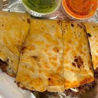 Quesadillas · Folded on ten inch flour tortilla with cheese, onions, cilantro, side of salsas (red spicy a...