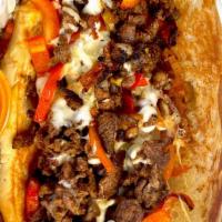Philly Cheese Sandwich · Eight inch hoagie roll with choice of meat, grill onions, grill red peppers, mix of provolon...