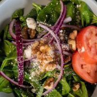 Gf Spinach Salad · Spinach, Roma tomatoes, red onions, walnuts& goat cheese, tossed with Honey Rasberry Vinaigr...