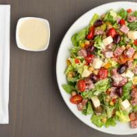 The Big Chop · Chopped romaine, fontal, grape tomatoes, garbanzo beans, salami, Kalamata olives, red and ye...