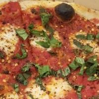 Margherita · Tomato sauce, fresh mozzarella, basil, and extra virgin olive oil.