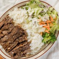 Beef Teriyaki · Served with rice and vegetables.