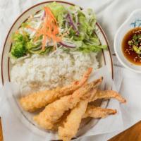 Prawn Tempura · Served with rice and vegetables.