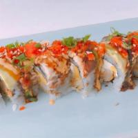  Black Pearl Roll · Deep fried scallops with mango, cream cheese inside, eel and avocado, tobiko on top.