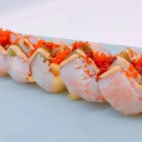 Hula Roll · Tuna, shrimp tempura, crabmeat, mango, asparagus inside with rice paper & tobiko.