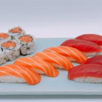 Salmon & Tuna Sushi Combo · Four pieces salmon, four pieces tuna with spicy tuna roll.