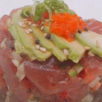 Tuna Tartare · Dice tuna with onion cucumber, red pepper, avocado, tobiko, and yuzu sauce.
