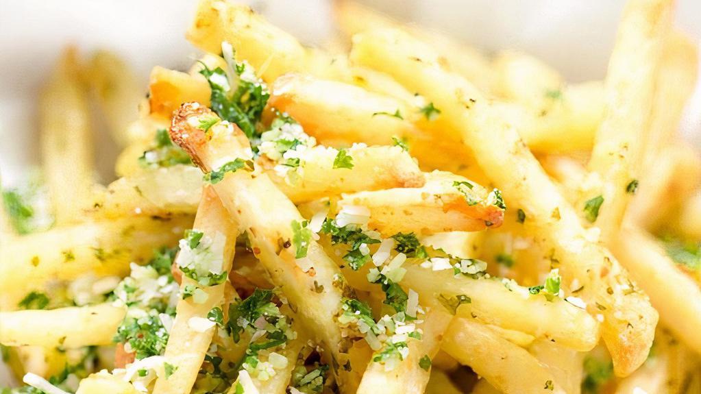 Garlic Parmesan Fries  · Crispy golden Fries tossed in our delicious Fresh  garlic and herb blend , shredded parmesan cheese  served with our house made fry sauce and ranch