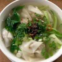 Wonton Soup / Sup Hoanh Thanh · Pork wonton dumplings and bokchoy in a clear, savory broth.