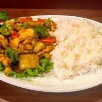 Curry · Protein, onions, and bell peppers are stir fried in curry seasoning. Served with white rice....