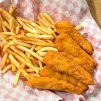 Chicken Strips · Fried, tender chicken strips with a side of your choice.